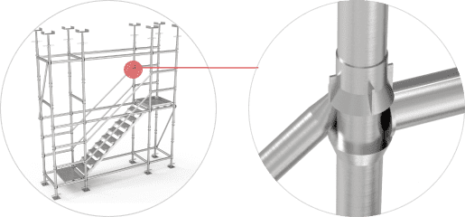 A well assembled cuplock scaffolding and its connection details are displayed.