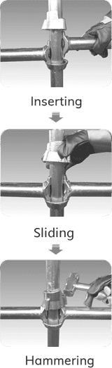 The picture shows the proper assemble process of cuplock scaffold ledger with lower and upper cups.
