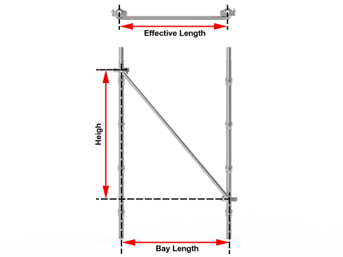 The picture shows the bay length and  effective length of cuplock scaffolding diagonal brace with a coupler at both ends.