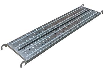 A cuplock scaffold steel plank with four hooks is displayed.