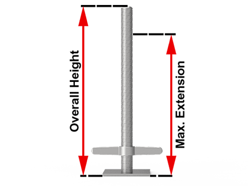 The picture shows the overall height and maximum extension of the adjustable jack base.