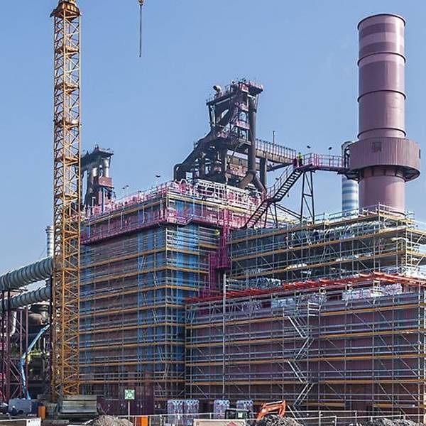 Facade scaffolding is used for blast furnace dedusting system renovation.