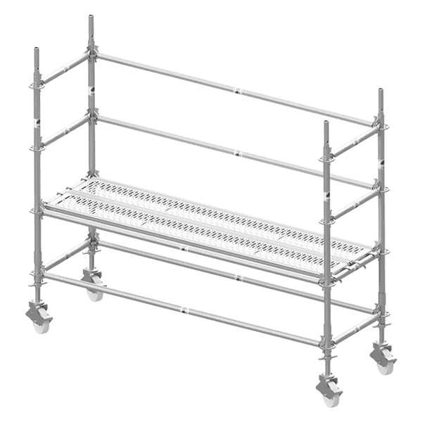 A mobile ringlock scaffolding system with caster wheels is placed next to the warehouse.