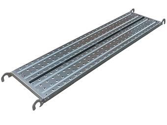 A quicklock scaffold steel plank with four hooks is displayed.