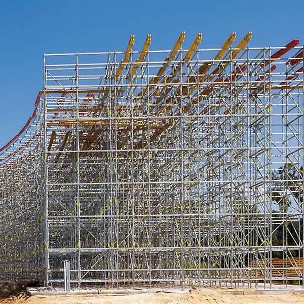 Quicklock scaffolding is erected for highway bridge construction.