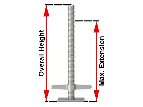 The picture shows the overall height and maximum extension of the adjustable jack base.