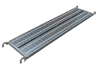 A ringlock scaffold steel plank with four hooks is displayed.
