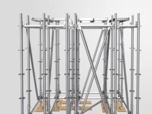 Steel planks are installed on the second layer ledgers.